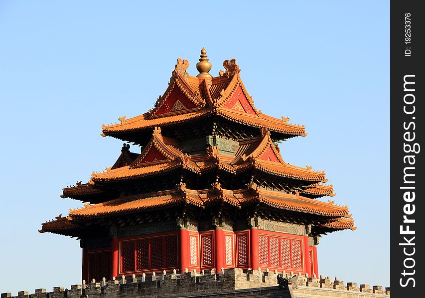 Corner towers of the Forbidden City were established in 1420, rebuilt in the Qing Dynasty (1644-1911). As one part of the Forbidden City, they served as the defense facility just as the lofty walls, the gate towers and the moat. The corner towers rest on the base with Buddist-style building surrounded with stone columns. photo take on: Apr 18, 2011. Corner towers of the Forbidden City were established in 1420, rebuilt in the Qing Dynasty (1644-1911). As one part of the Forbidden City, they served as the defense facility just as the lofty walls, the gate towers and the moat. The corner towers rest on the base with Buddist-style building surrounded with stone columns. photo take on: Apr 18, 2011