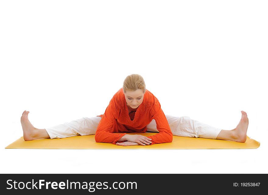 Series or yoga photos. young woman streching on yellow pilates mat. Series or yoga photos. young woman streching on yellow pilates mat