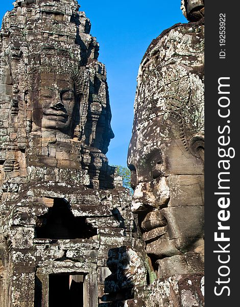 Smiling faces in wat Bayon in Angkor wat complex, Sieam Reap, Cambodia.