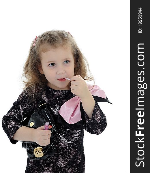 Pretty Little Girl With Child Lipstick. Isolated