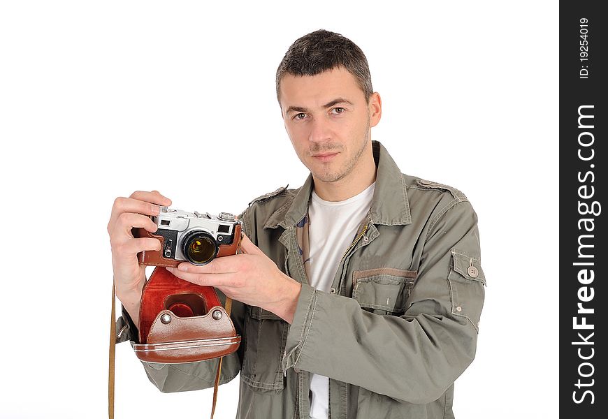 Young professional photographer with old retro film camera. isolated on white background. Young professional photographer with old retro film camera. isolated on white background