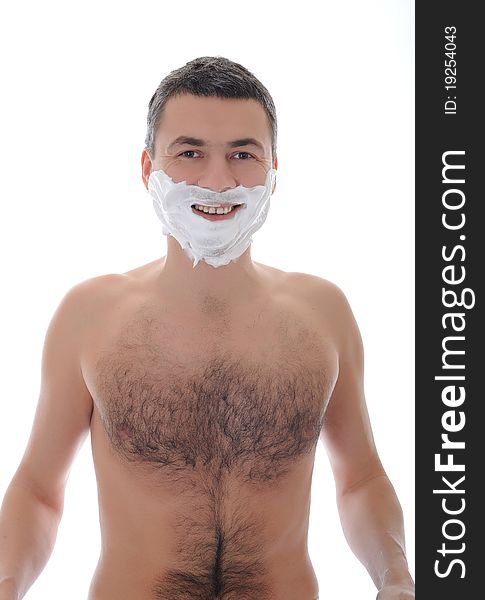 Young Handsome Male Shaving Face Beard . Isolated