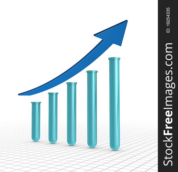 One 3d render of test tubes showing a growing chart. One 3d render of test tubes showing a growing chart