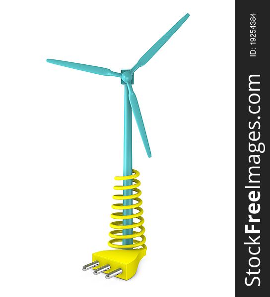 One 3d render of windmill and an electrical plug with a cable around it. One 3d render of windmill and an electrical plug with a cable around it
