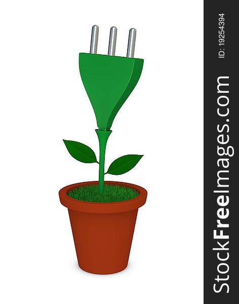 One 3d render of a flower pot and a flower made with an electrical plug. One 3d render of a flower pot and a flower made with an electrical plug