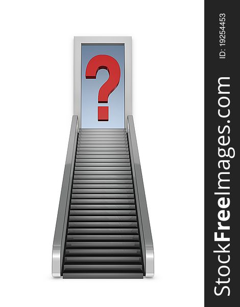 One 3d render of a staircase with a opened door on top and a question mark in front of it. One 3d render of a staircase with a opened door on top and a question mark in front of it