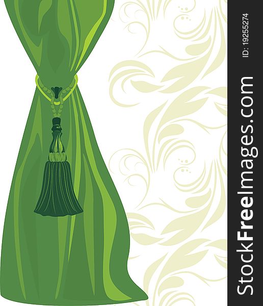 Green portiere with tassel. Illustration