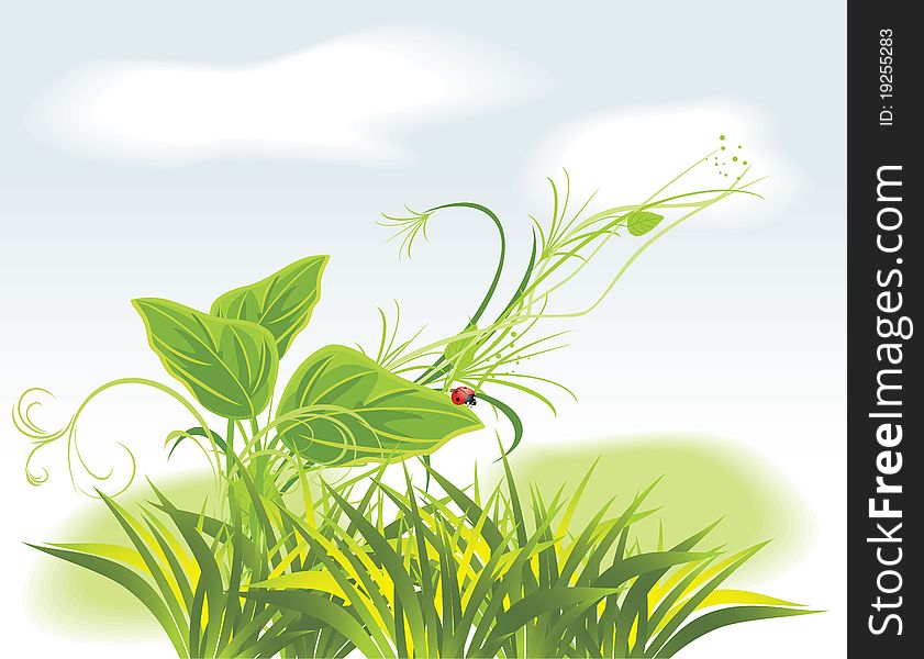 Sprig and ladybird among grass. Illustration