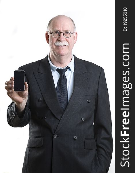 Businessman with his cellphone isolated on white