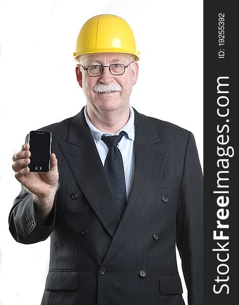 Contractor with his phone isolated on white. Contractor with his phone isolated on white