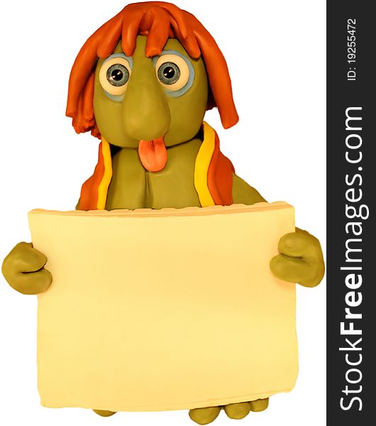 Plasticine man holding a blank sign, tongue out with a humorous look on his face. Plasticine man holding a blank sign, tongue out with a humorous look on his face.