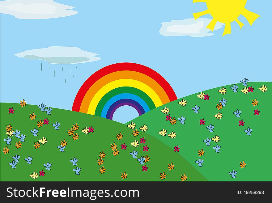 Summer field with flowers and rainbow. Summer field with flowers and rainbow