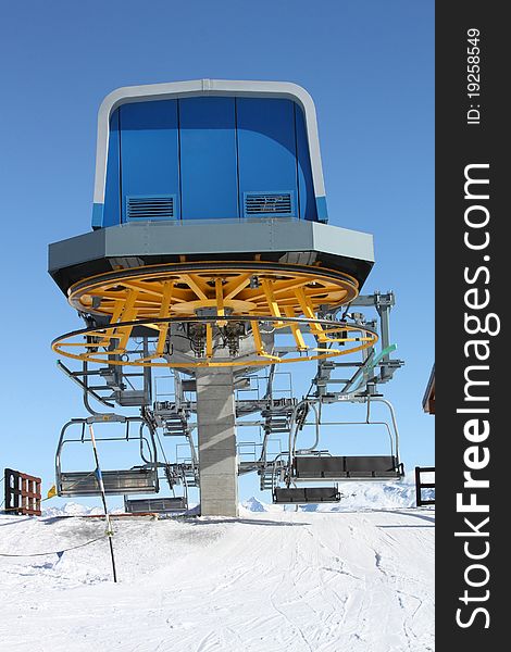 The drop-of station of the chair lift in the Alps. The drop-of station of the chair lift in the Alps