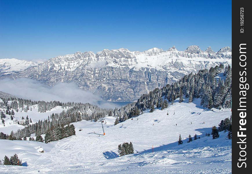 Slope on the skiing resort Flumserberg. Switzerland. Slope on the skiing resort Flumserberg. Switzerland