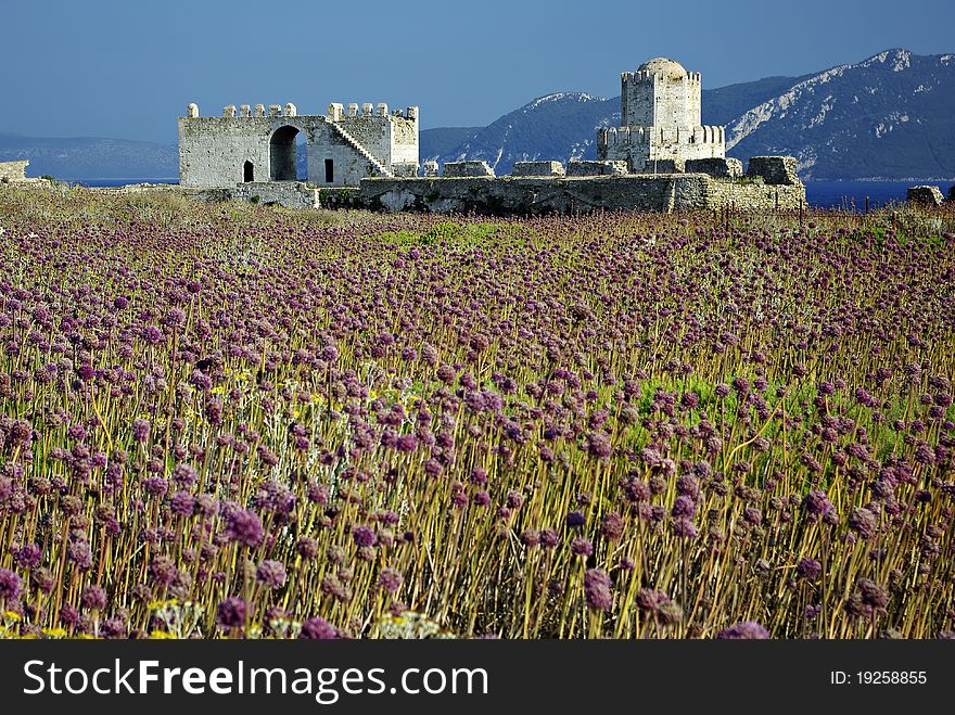 Methoni Castle at sunny summer day, purple weed in foreground, blurred hills in background. Methoni Castle at sunny summer day, purple weed in foreground, blurred hills in background.