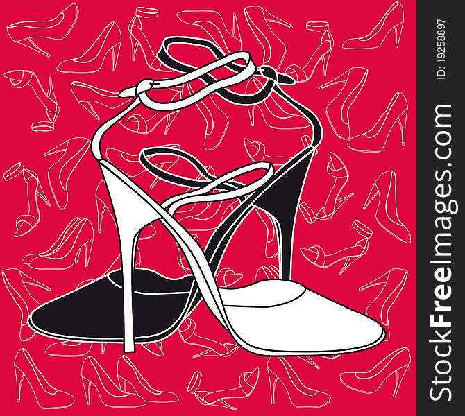 A pair of women's sandals with high heels on a red background. A pair of women's sandals with high heels on a red background