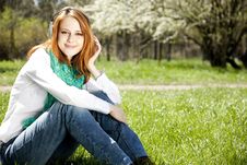 Girl With Headphone In The Park. Stock Photo Girl With Headphone In The Park. Stock Photo