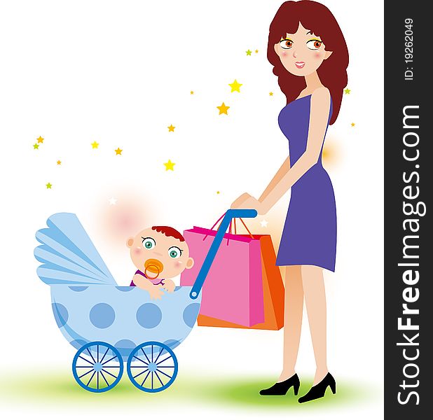 Illustration of Mother and baby go to shopping. Illustration of Mother and baby go to shopping