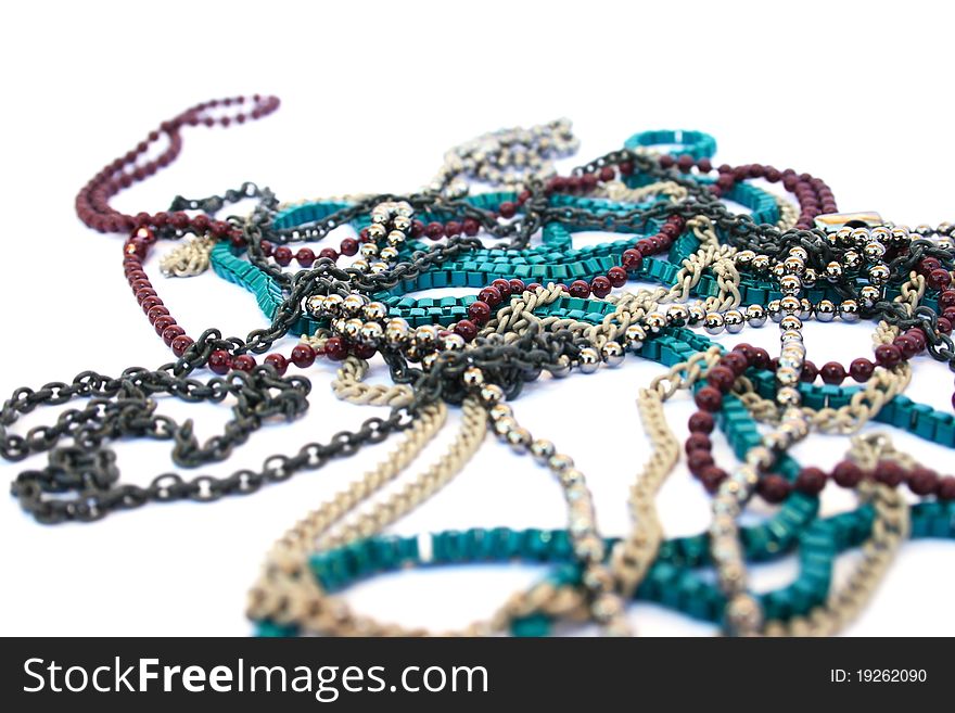 Colorful necklaces isolated on white background.