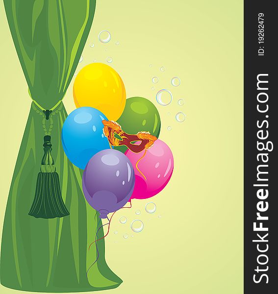 Green Curtain And Masquerade Mask With Balloons