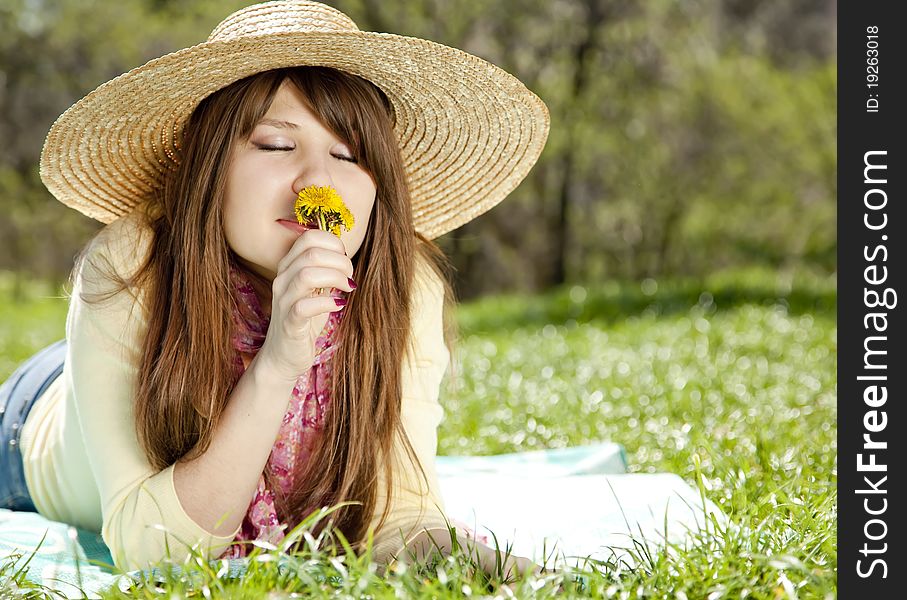 Beautiful Brunette Girl In Hat At The Park