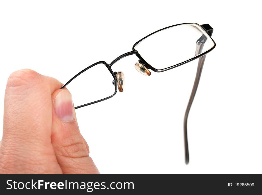 An evil man broke his glasses isolated on a white background
