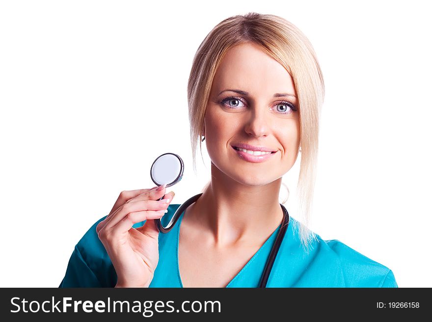 Smiling doctor with stethoscope. Isolated over white background