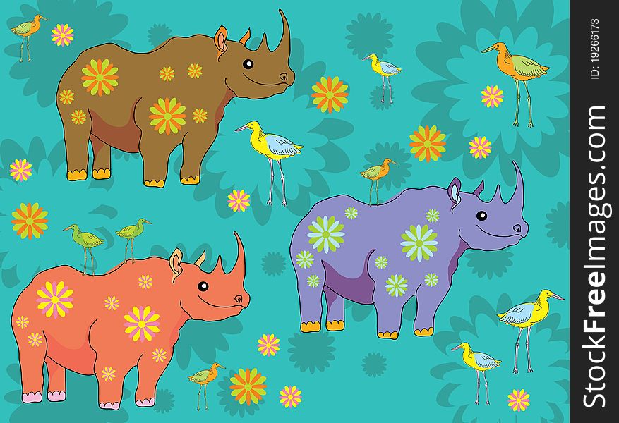 Happy cartoon rhinos and birds over floral background