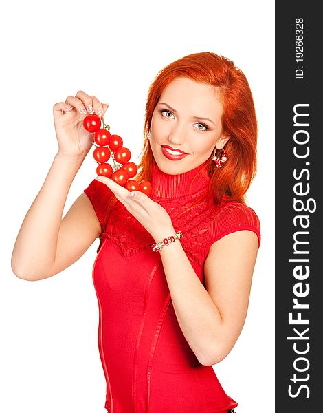 Picture of lovely woman showing a cherry tomatoes. Picture of lovely woman showing a cherry tomatoes