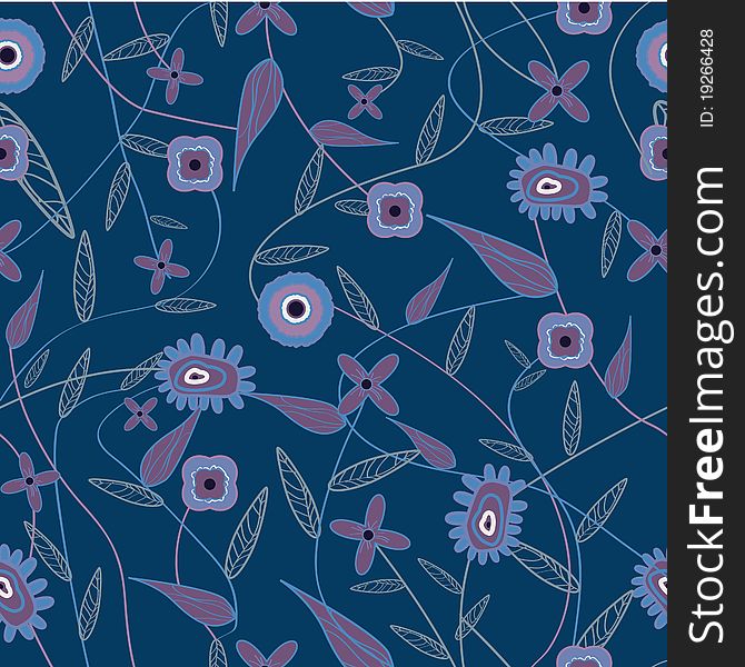 Dark blue  seamless texture with flowers