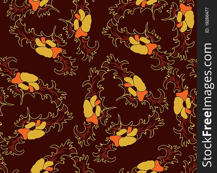 Brown print with yellow poppy. Brown print with yellow poppy