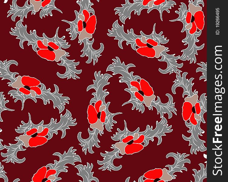 Dark red seamless texture with gray poppy