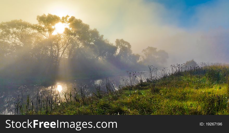 River at sunrise ,sunrise trees sun field