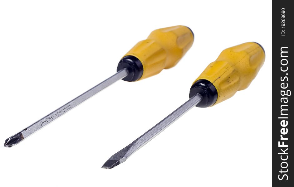 Two yellow screwdriver isolated on a white background.