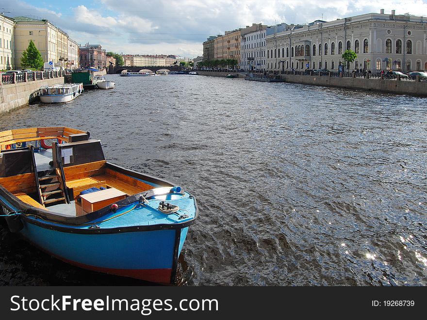 Boat floating on the river Neva on sunny day. Boat floating on the river Neva on sunny day