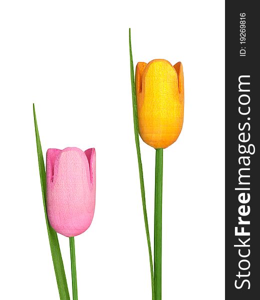 Two wooden flowers - tulips on white background. Two wooden flowers - tulips on white background.