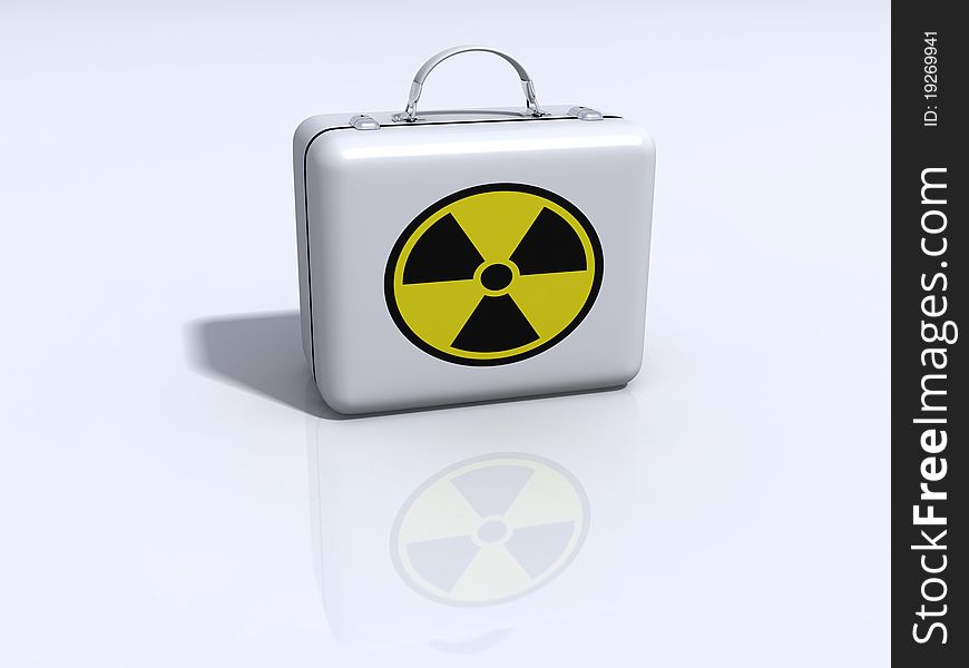3d white suitcase with a sign radioactivity on a white surface