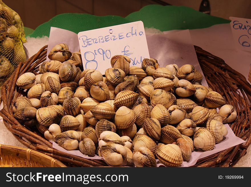 Sale of fresh cockles in a market in barcelona