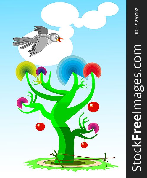 green tree and bird-cartoon