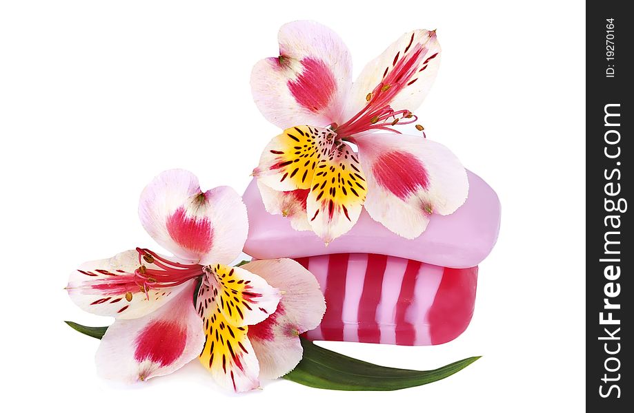 Pink orchid and soap on a white background. Pink orchid and soap on a white background