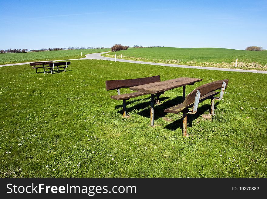 Outdoors Picnic table setting Funen Denmark - perfect relaxing in nature. Outdoors Picnic table setting Funen Denmark - perfect relaxing in nature