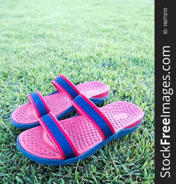 Sandals or Flip Flop On the Grass on field of a relaxed day. Sandals or Flip Flop On the Grass on field of a relaxed day