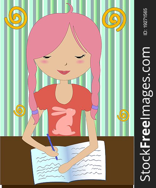 Vector Illustration of little girl sitting at a desk and writing