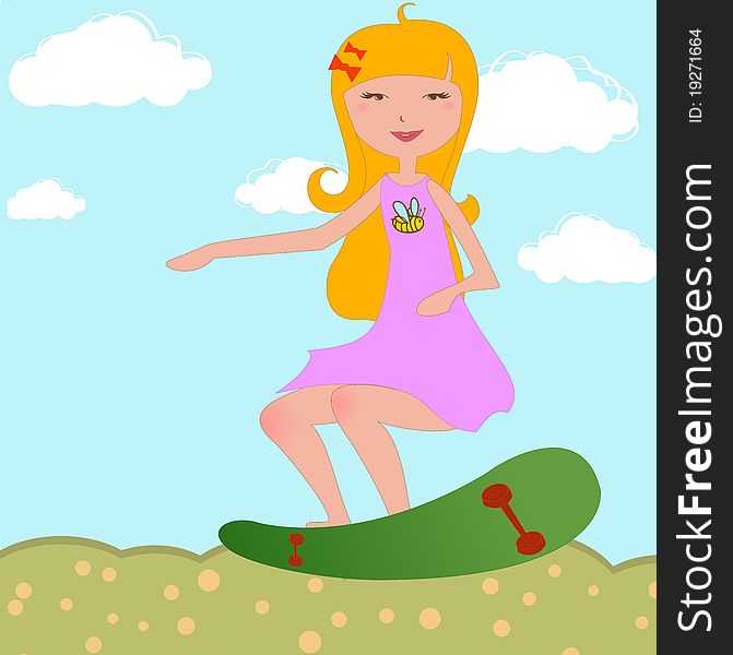 Vector Illustration of funky Young girl riding skateboard