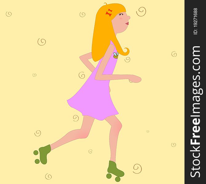 Vector Illustration of funky Young girl riding roller skates