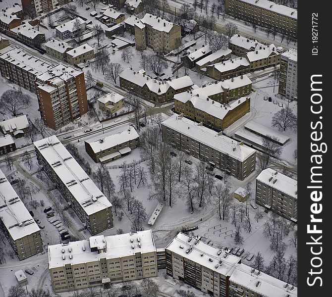 Aerial view over Riga suburb, winter time