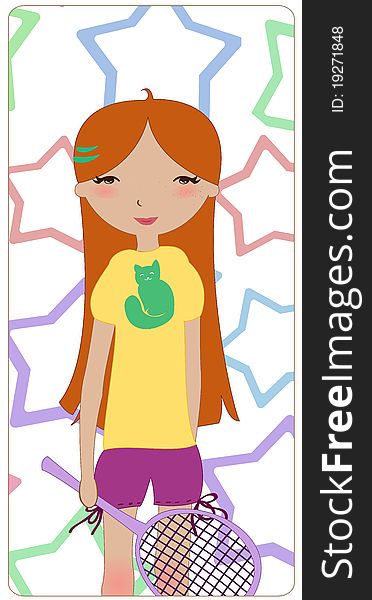 Vector Illustration of the little girl playing badminton on the funky star background. Vector Illustration of the little girl playing badminton on the funky star background