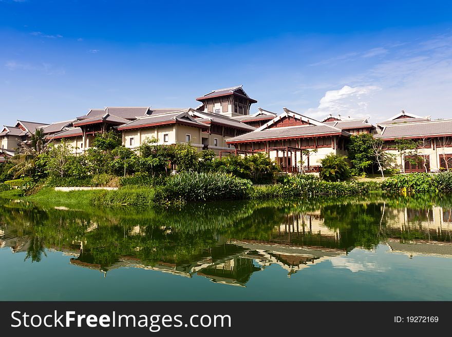 Luxury hotel by the riverside, Sanya, Hainan Island, South east China.