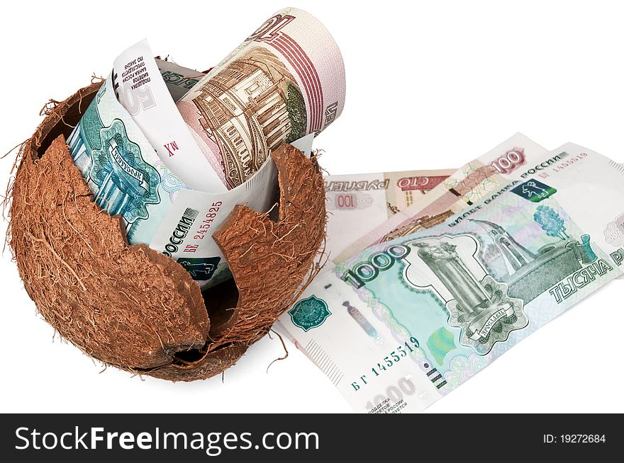 Isolated hatched from coconut or hundreds of thousands ruble banknotes. Isolated hatched from coconut or hundreds of thousands ruble banknotes