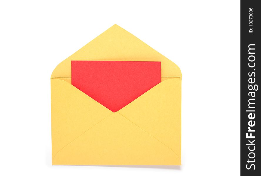 Red blank paper inside yellow envelope. Isolated on white with clipping path. Red blank paper inside yellow envelope. Isolated on white with clipping path